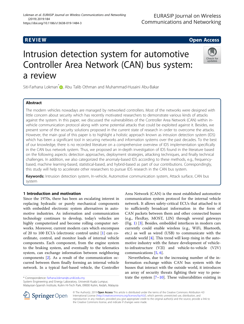 PDF) detection system for automotive Controller Area Network (CAN) system: a