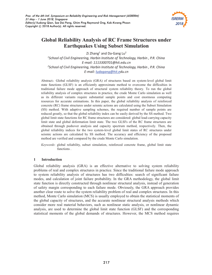 Pdf Global Reliability Analysis Of Rc Frame Structures Under Earthquakes Using Subset Simulation