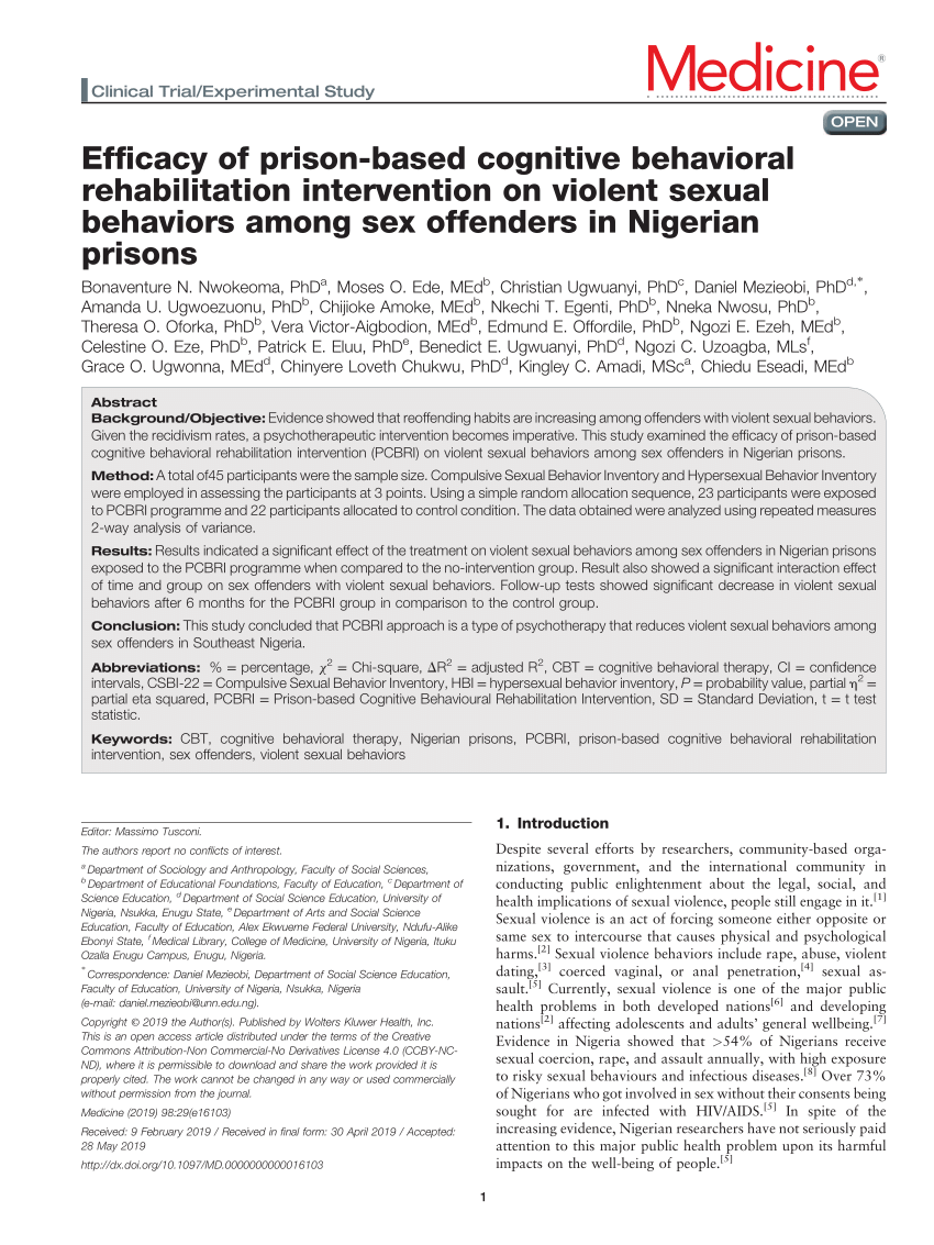 PDF) Efficacy of prison-based cognitive behavioral rehabilitation  intervention on violent sexual behaviors among sex offenders in Nigerian  prisons