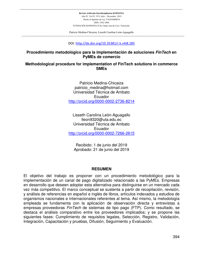 Pdf Procedimiento Metodologico Para La Implementacion De Soluciones Fintech En Pymes De Comercio