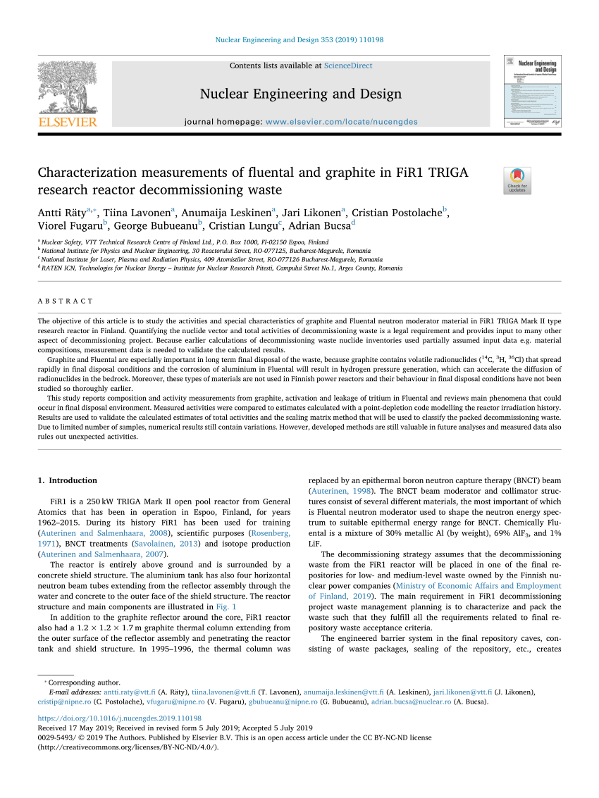 Pdf Characterization Measurements Of Fluental And Graphite In Fir1 Triga Research Reactor Decommissioning Waste