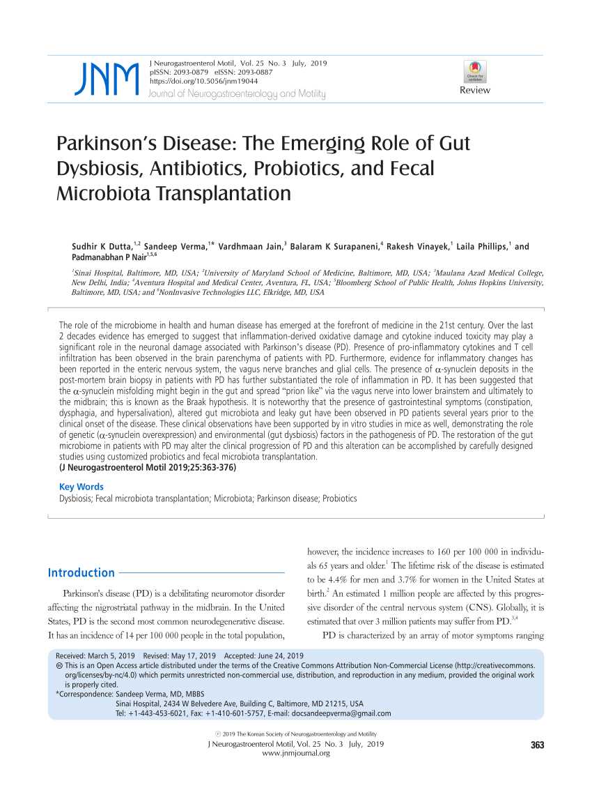 PDF) Parkinson's Disease: The Emerging Role of Gut Dysbiosis ...