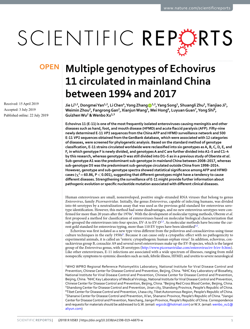 Pdf Multiple Genotypes Of Echovirus 11 Circulated In - 