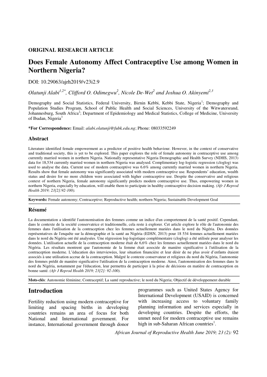 Pdf Female Autonomy And Contraceptive Use African Journal Of Reproductive Health 8538