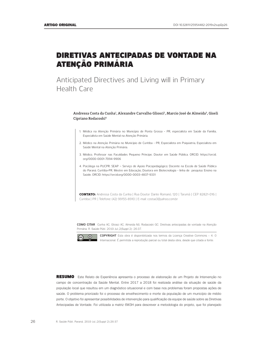 Pdf Diretivas Antecipadas De Vontade Na Atenção Primária