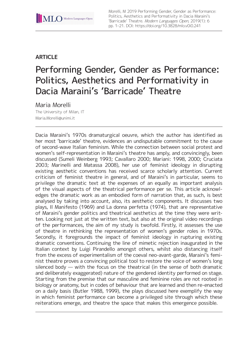 PDF) Performing Gender, Gender as Performance: Politics, Aesthetics and  Performativity in Dacia Maraini's 'Barricade' Theatre