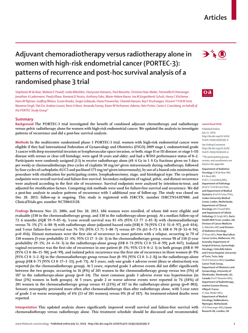 Pdf Adjuvant Chemoradiotherapy Versus Radiotherapy Alone In Women With High Risk Endometrial Cancer Portec 3 Patterns Of Recurrence And Post Hoc Survival Analysis Of A Randomised Phase 3 Trial