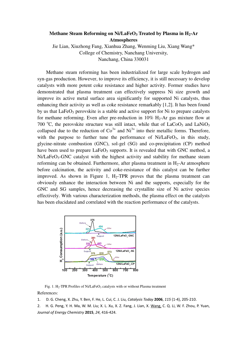 Pdf Methane Steam Reforming On Ni Lafeo 3 Treated By Plasma In H 2 Ar Atmospheres H 2 Tpr Profiles Of Ni Lafeo 3 Catalysts With Or Without Plasma Treatment References