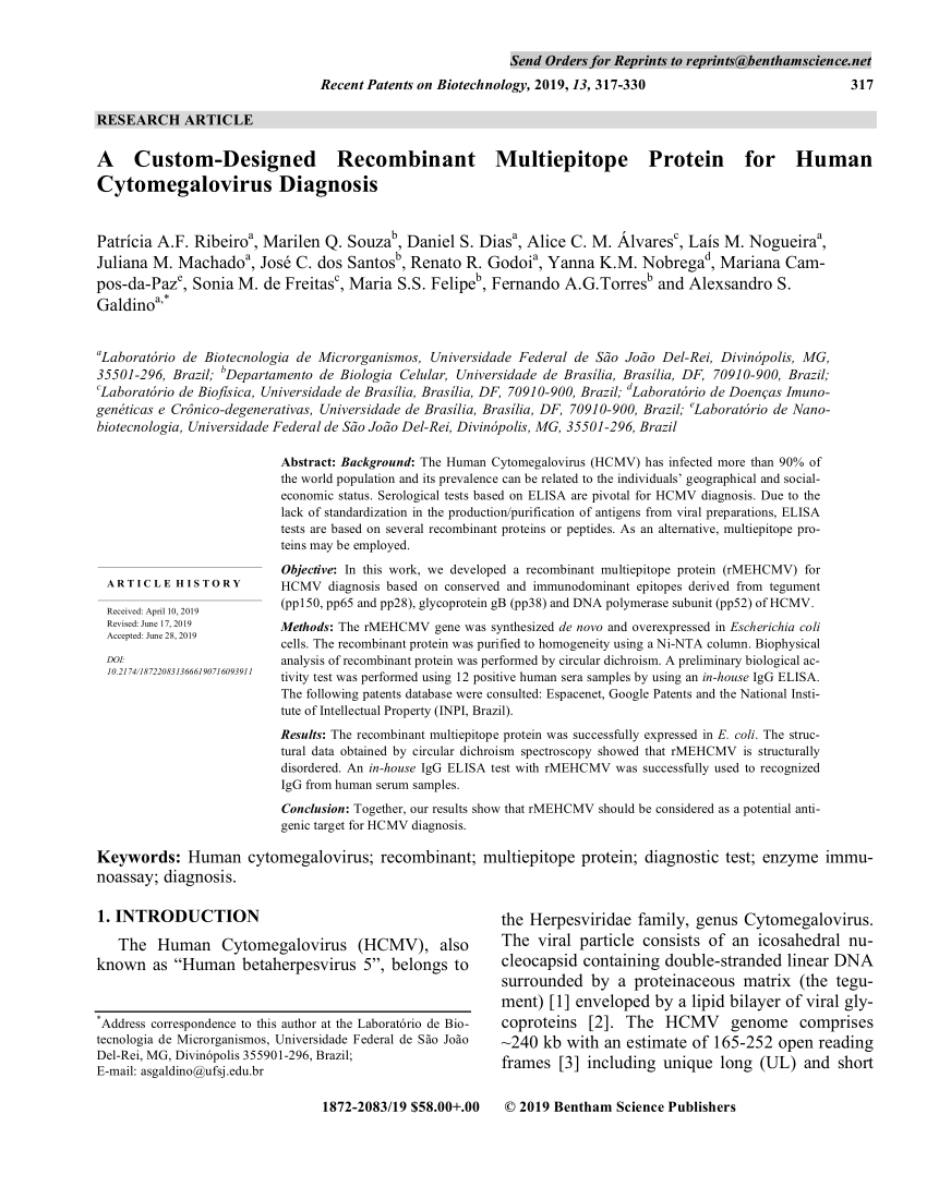 Pdf A Custom Designed Recombinant Multiepitope Protein For Human Cytomegalovirus Diagnosis
