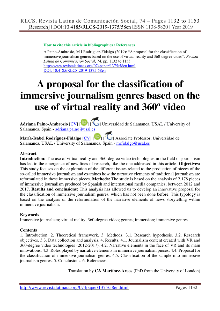 (PDF) A proposal for the classification of immersive journalism genres