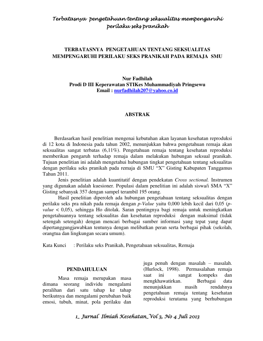 Pdf Terbatasnya Pengetahuan Tentang Seksualitas Mempengaruhi Perilaku