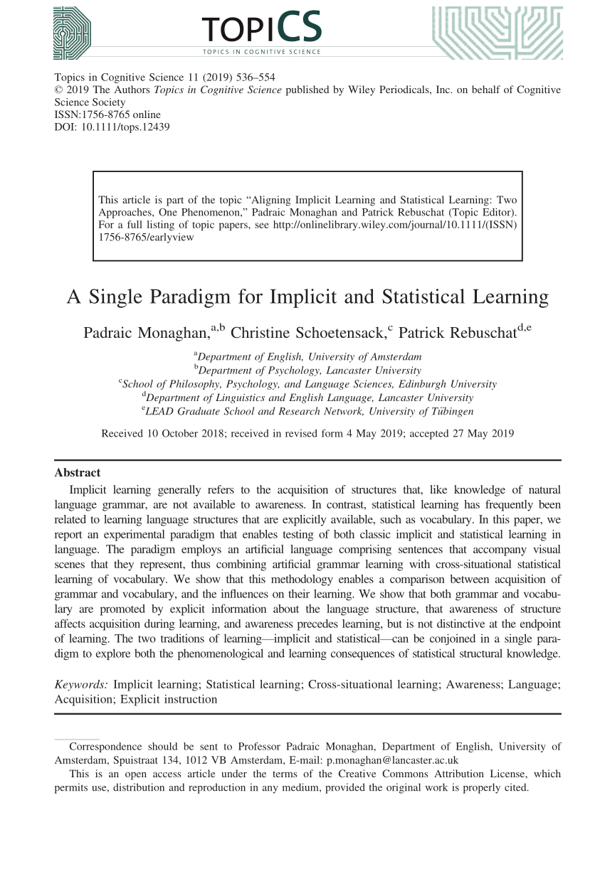 PDF A Single Paradigm for Implicit and Statistical Learning