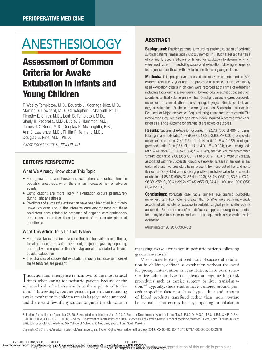 Pdf Assessment Of Common Criteria For Awake Extubation In Infants And Young Children