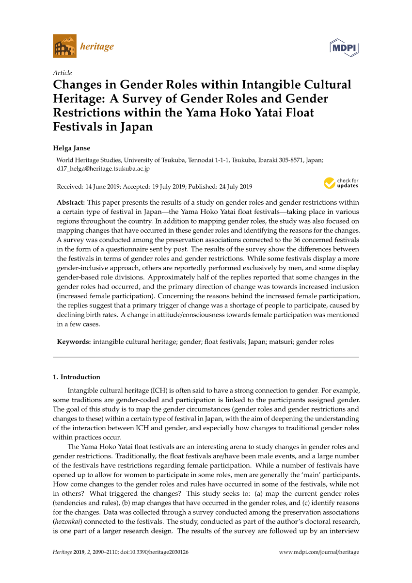 Pdf) Changes In Gender Roles Within Intangible Cultural Heritage: A Survey  Of Gender Roles And Gender Restrictions Within The Yama Hoko Yatai Float  Festivals In Japan