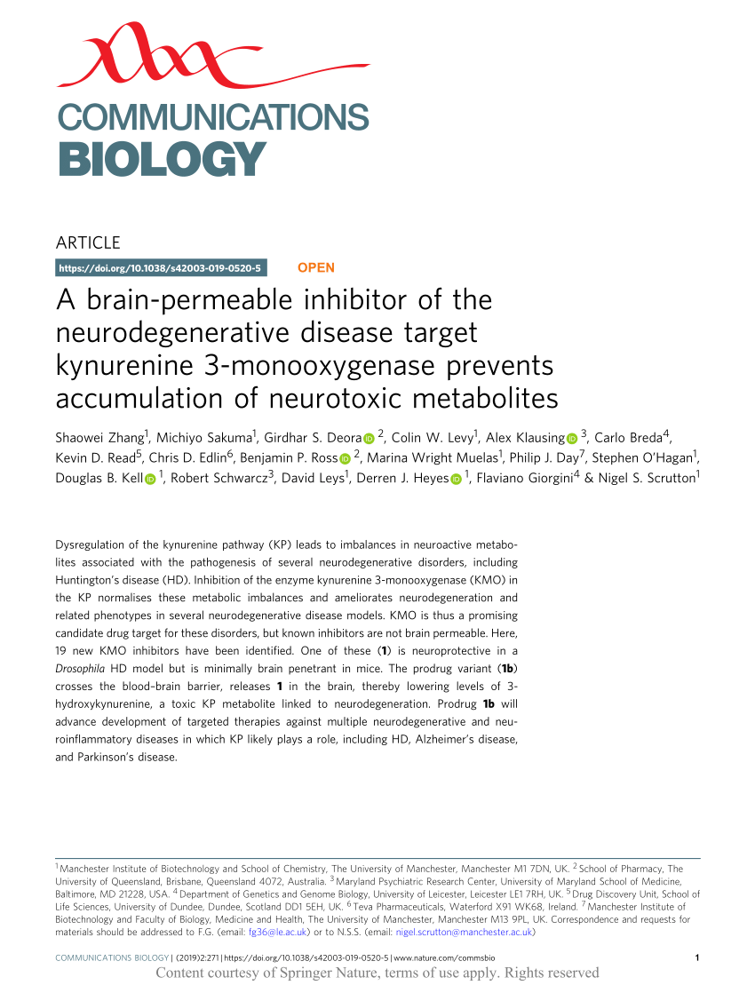 Pdf A Brain Permeable Inhibitor Of The Neurodegenerative Disease Target Kynurenine 3 Monooxygenase Prevents Accumulation Of Neurotoxic Metabolites