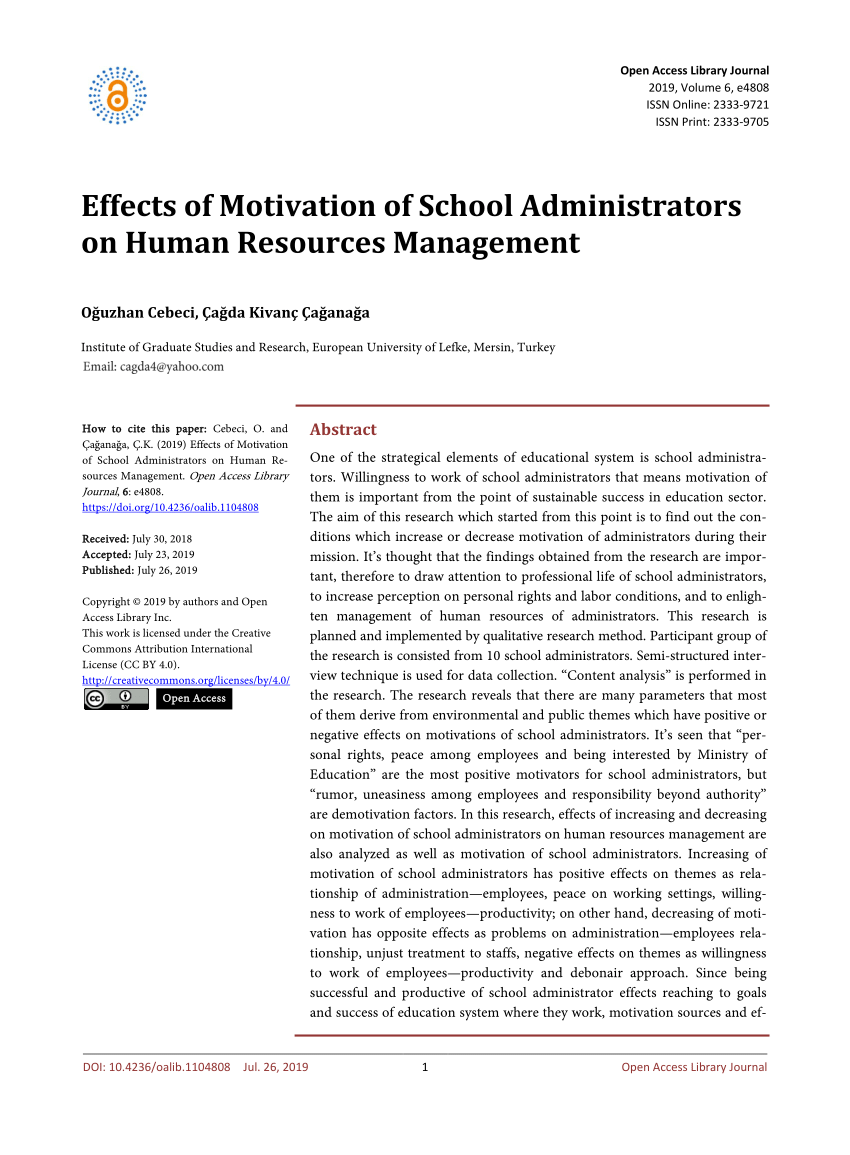 Pdf Effects Of Motivation Of School Administrators On Human Resources Management
