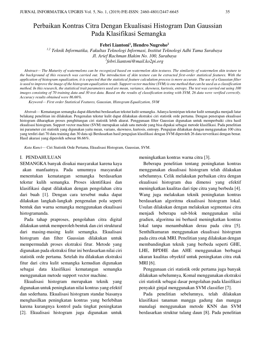 Pdf Perbaikan Kontras Citra Dengan Ekualisasi Histogram Dan Gaussian