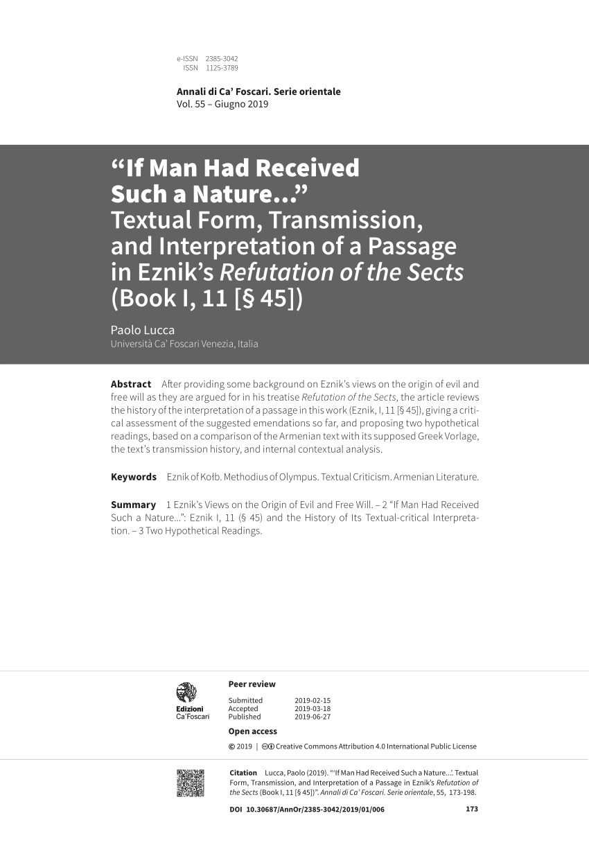 Pdf If Man Had Received Such A Nature Textual Form Transmission And Interpretation Of A Passage In Eznik S Refutation Of The Sects Book I 11 45