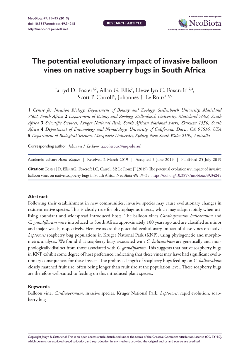 Pdf The Potential Evolutionary Impact Of Invasive Balloon Vines On Native Soapberry Bugs In South Africasupplementary Material 1 From Foster Jd Ellis Ag Foxcroft Lc Carroll Sp Le Roux Jj 19 The