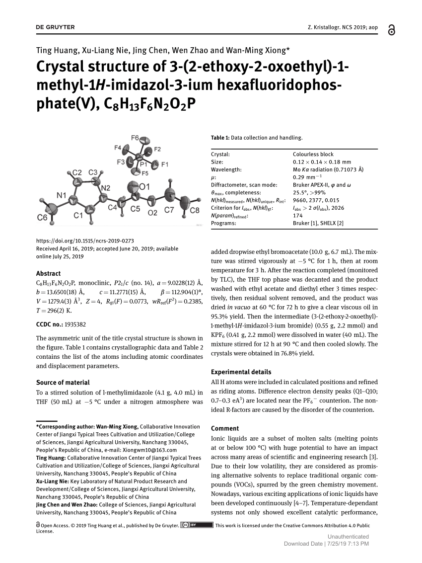 Pdf Crystal Structure Of 3 2 Ethoxy 2 Oxoethyl 1 Methyl 1h Imidazol 3 Ium Hexafluoridophosphate V C8h13f6n2o2p