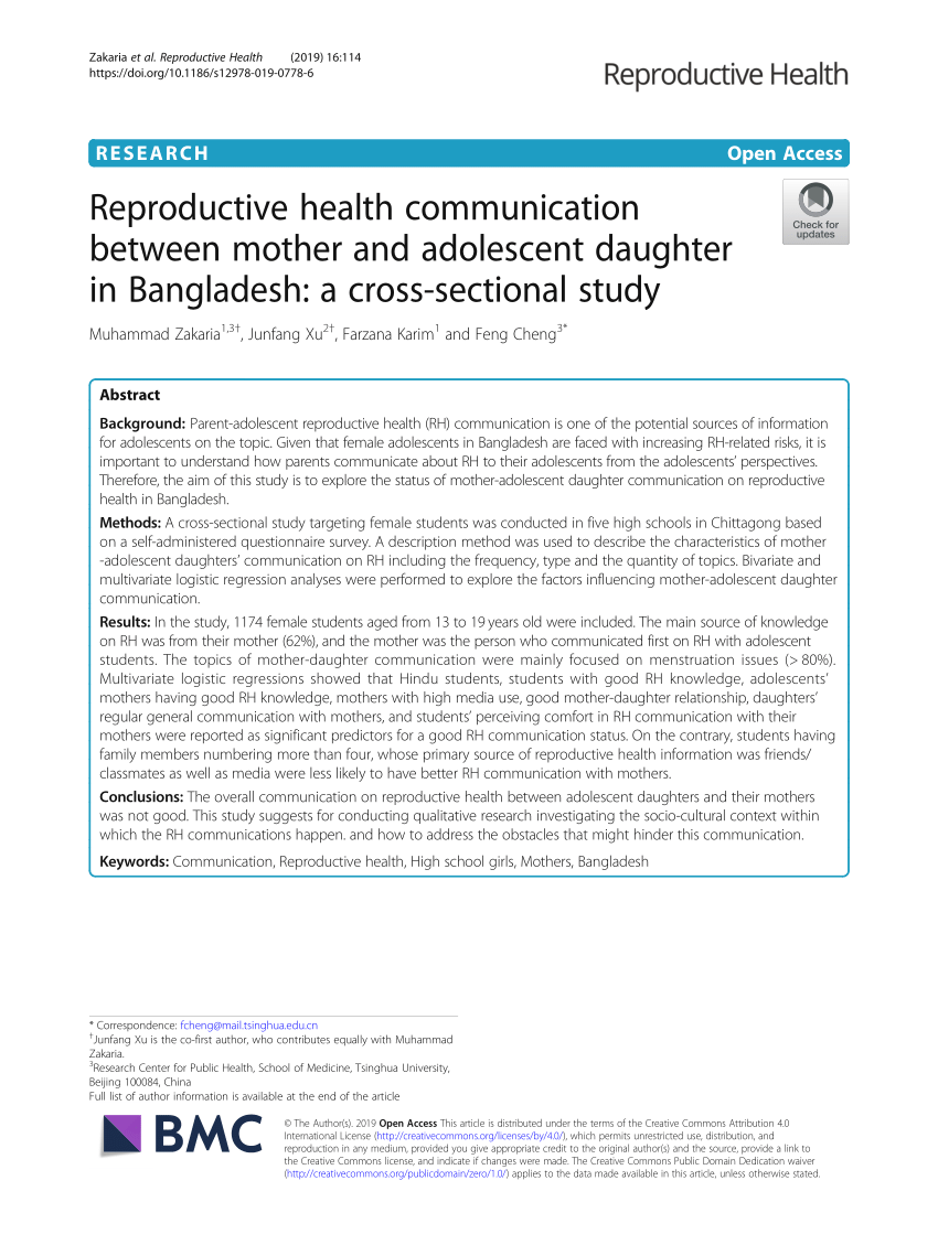 PDF) Reproductive health communication between mother and adolescent daughter in Bangladesh a cross-sectional study