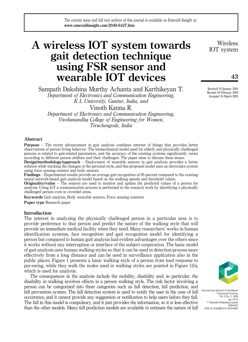 Pdf A Wireless Iot System Towards Gait Detection Technique Using Fsr Sensor And Wearable Iot Devices