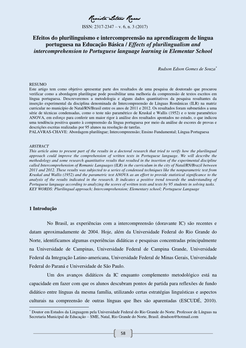 PDF) Efeitos do plurilinguismo e intercompreensão na aprendizagem de língua  portuguesa na Educação Básica