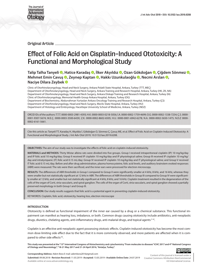 Pdf Effect Of Folic Acid On Cisplatin Induced Ototoxicity A Functional And Morphological Study