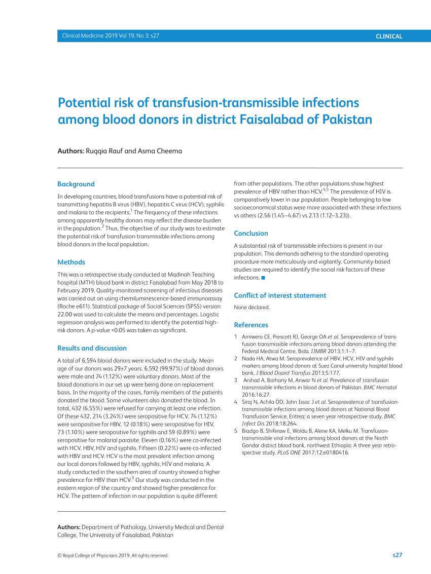 Pdf Potential Risk Of Transfusion Transmissible Infections Among
