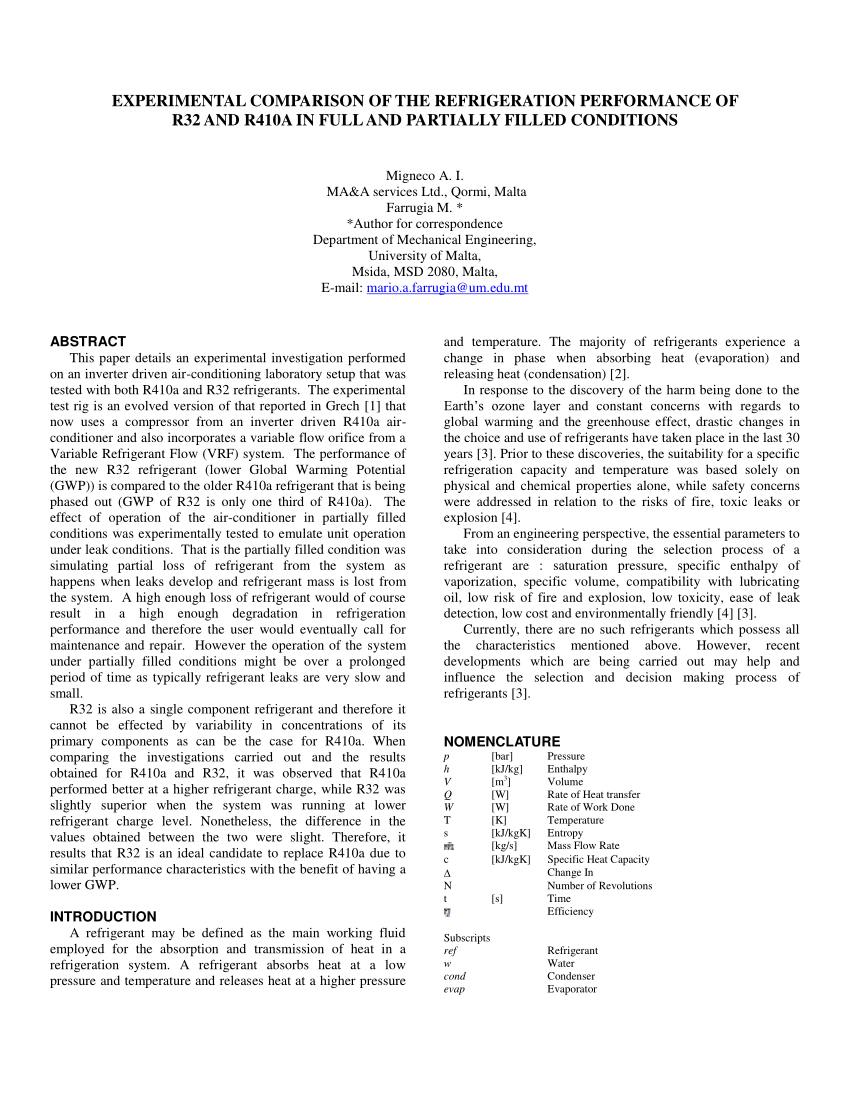 Pdf Experimental Comparison Of The Refrigeration Performance Of R32 And R410a In Full And Partially Filled Conditions