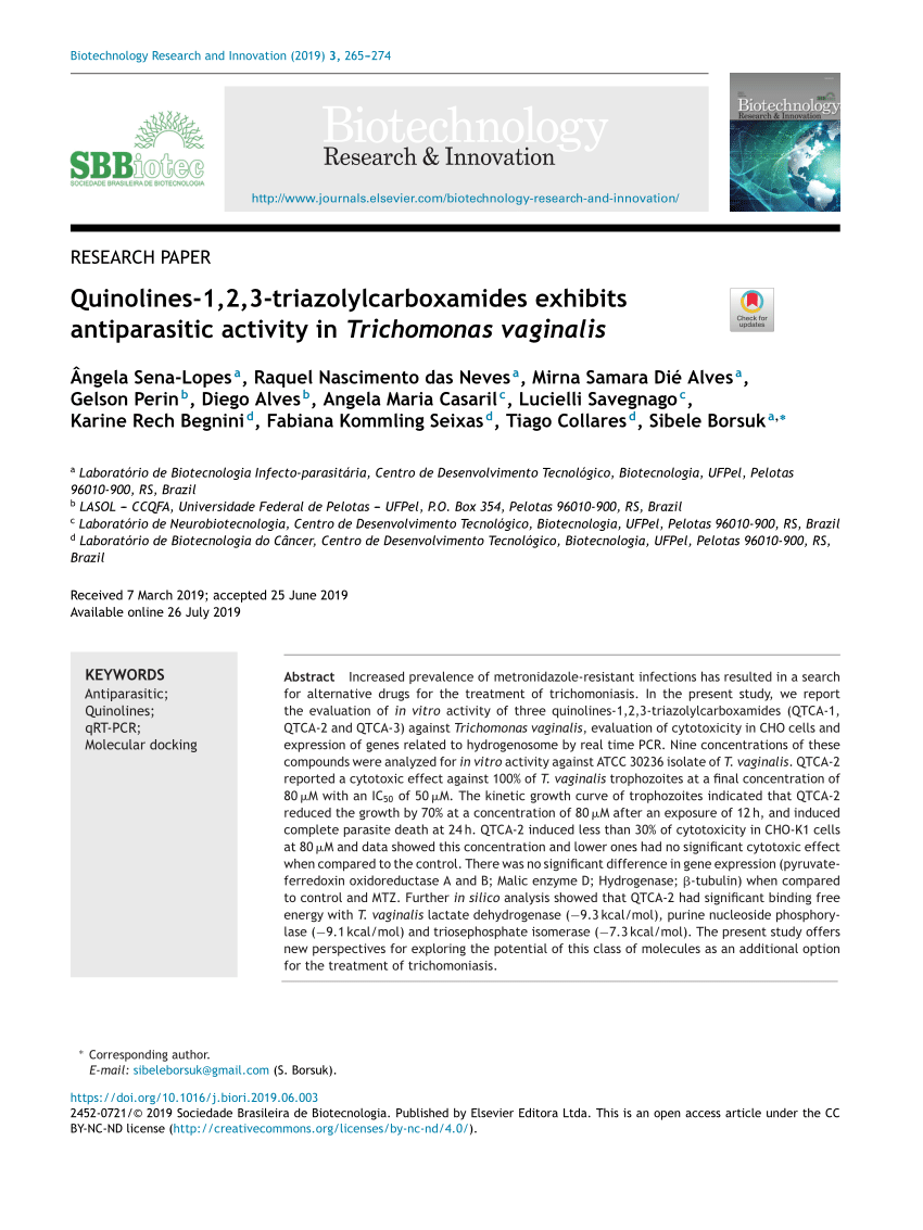 Pdf Quinolines 1 2 3 Triazolylcarboxamides Exhibits Antiparasitic Activity In Trichomonas Vaginalis