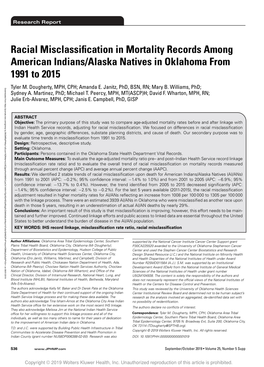 Pdf Racial Misclassification In Mortality Records Among American