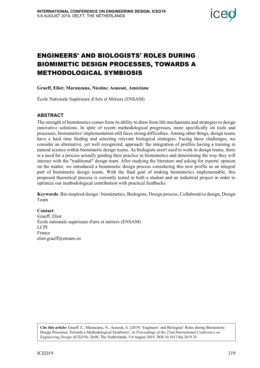 PDF) Engineers' and Biologists' Roles during Biomimetic Design ...
