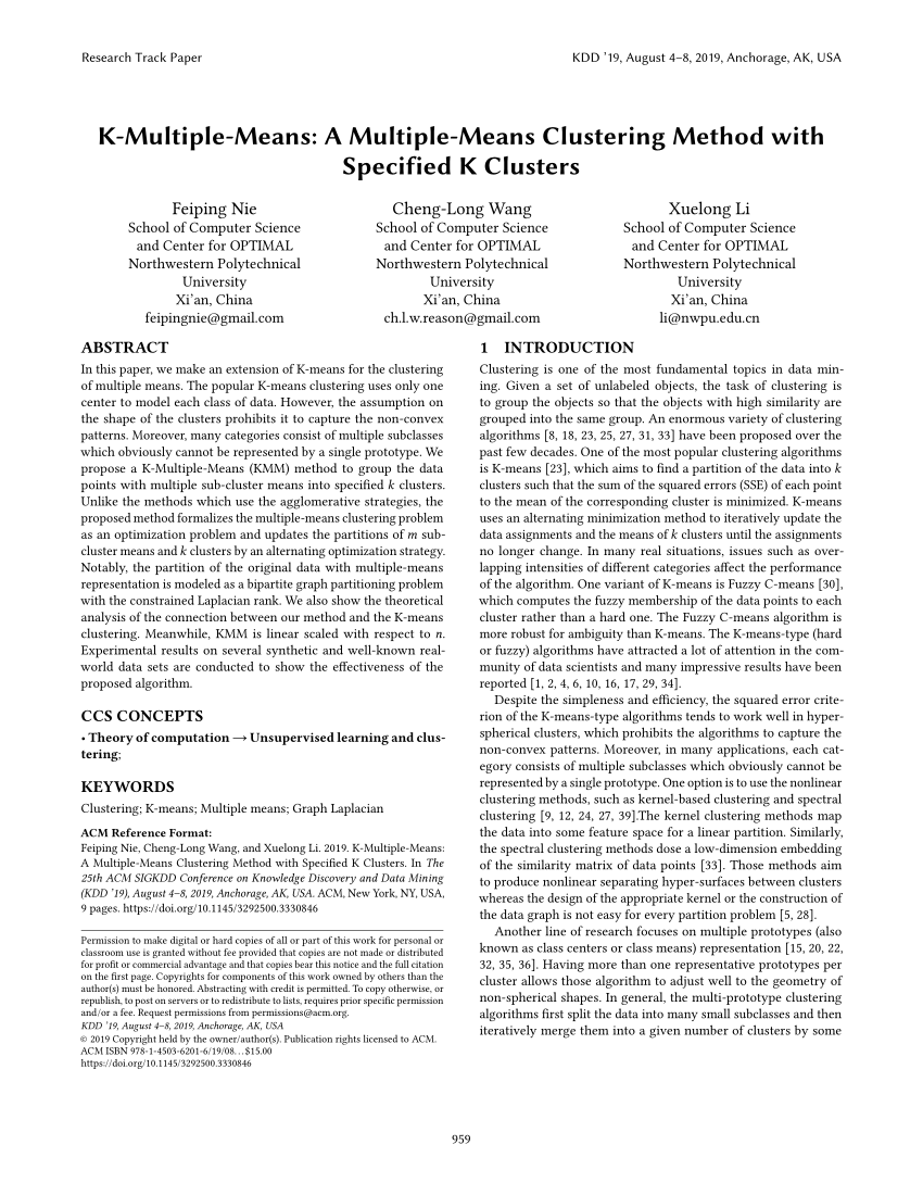 Pdf K Multiple Means A Multiple Means Clustering Method With Specified K Clusters