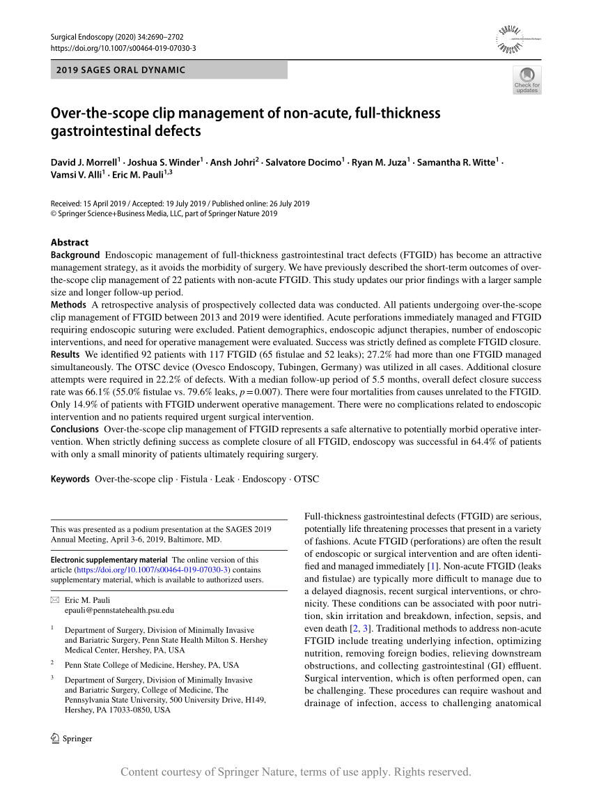 Over The Scope Clip Management Of Non Acute Full Thickness Gastrointestinal Defects Request Pdf