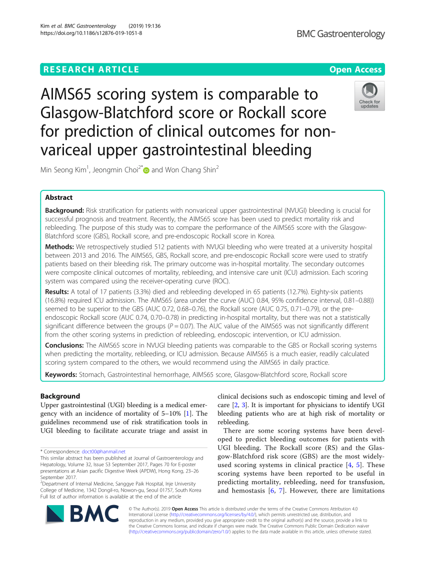 Pdf Aims65 Scoring System Is Comparable To Glasgow Blatchford Score Or Rockall Score For 