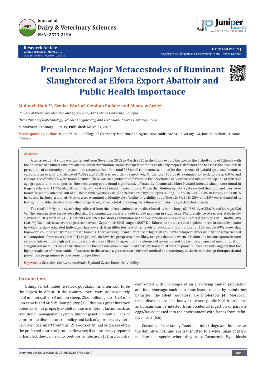 PDF) Prevalence Major Metacestodes of Ruminant Slaughtered at ...