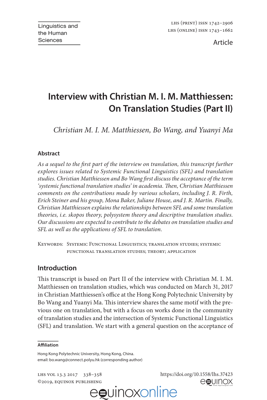 Pdf Interview With Christian M I M Matthiessen On Translation