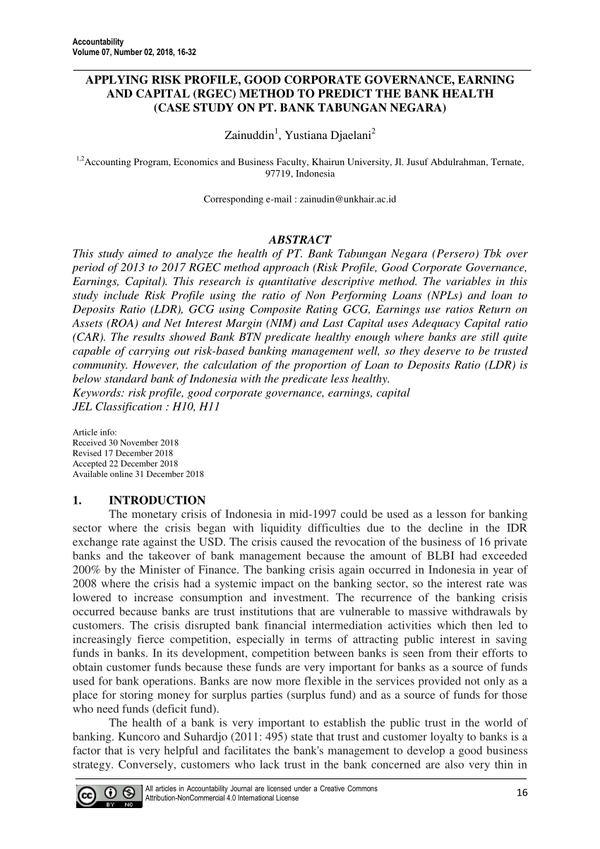 Pdf Applying Risk Profile Good Corporate Governance Earning And Capital Rgec Method To Predict The Bank Health Case Study On Pt Bank Tabungan Negara