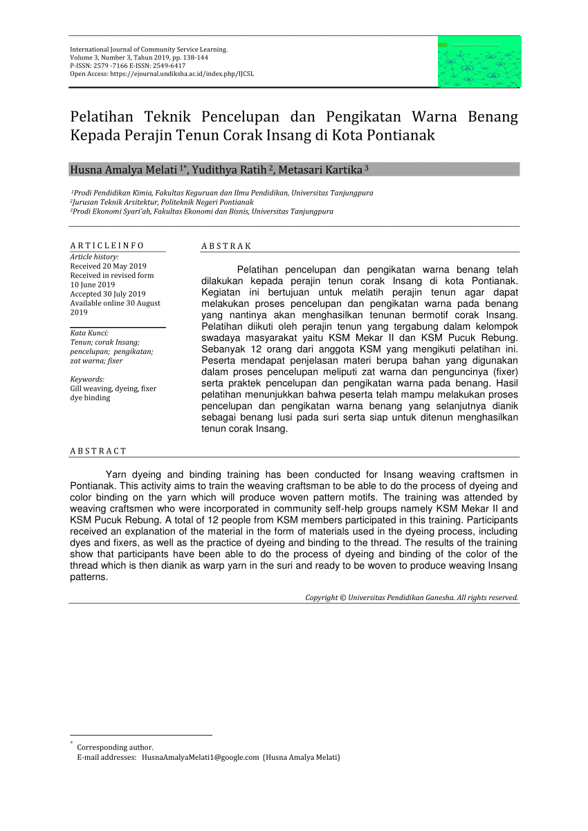 Pdf Pelatihan Teknik Pencelupan Dan Pengikatan Warna Benang Kepada Perajin Tenun Corak Insang Di Kota Pontianak