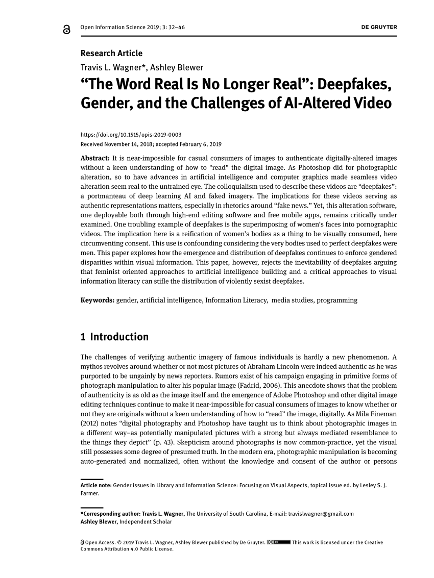 PDF) “The Word Real Is No Longer Real”: Deepfakes, Gender, and the  Challenges of AI-Altered Video