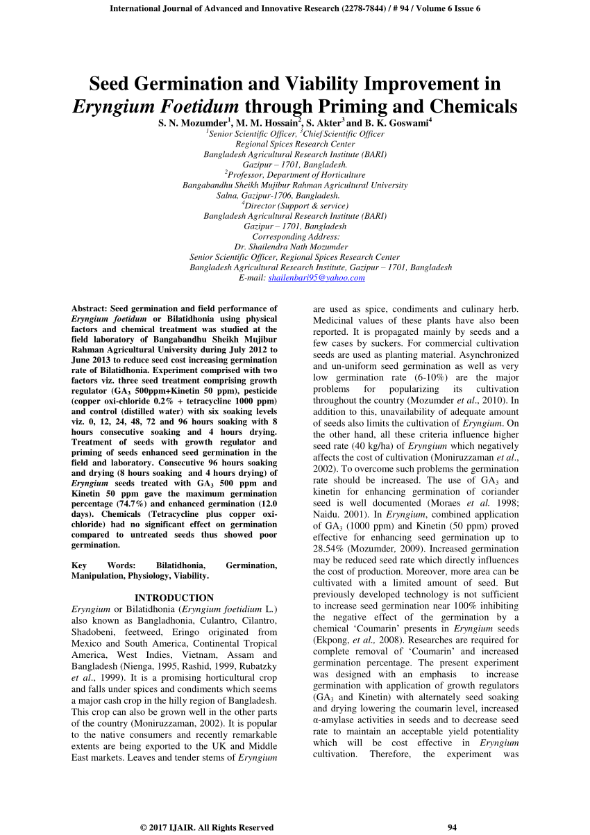 (PDF) Seed Germination and Viability Improvement in Eryngium Foetidum