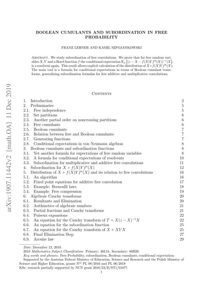 Pdf Boolean Cumulants And Subordination In Free Probability