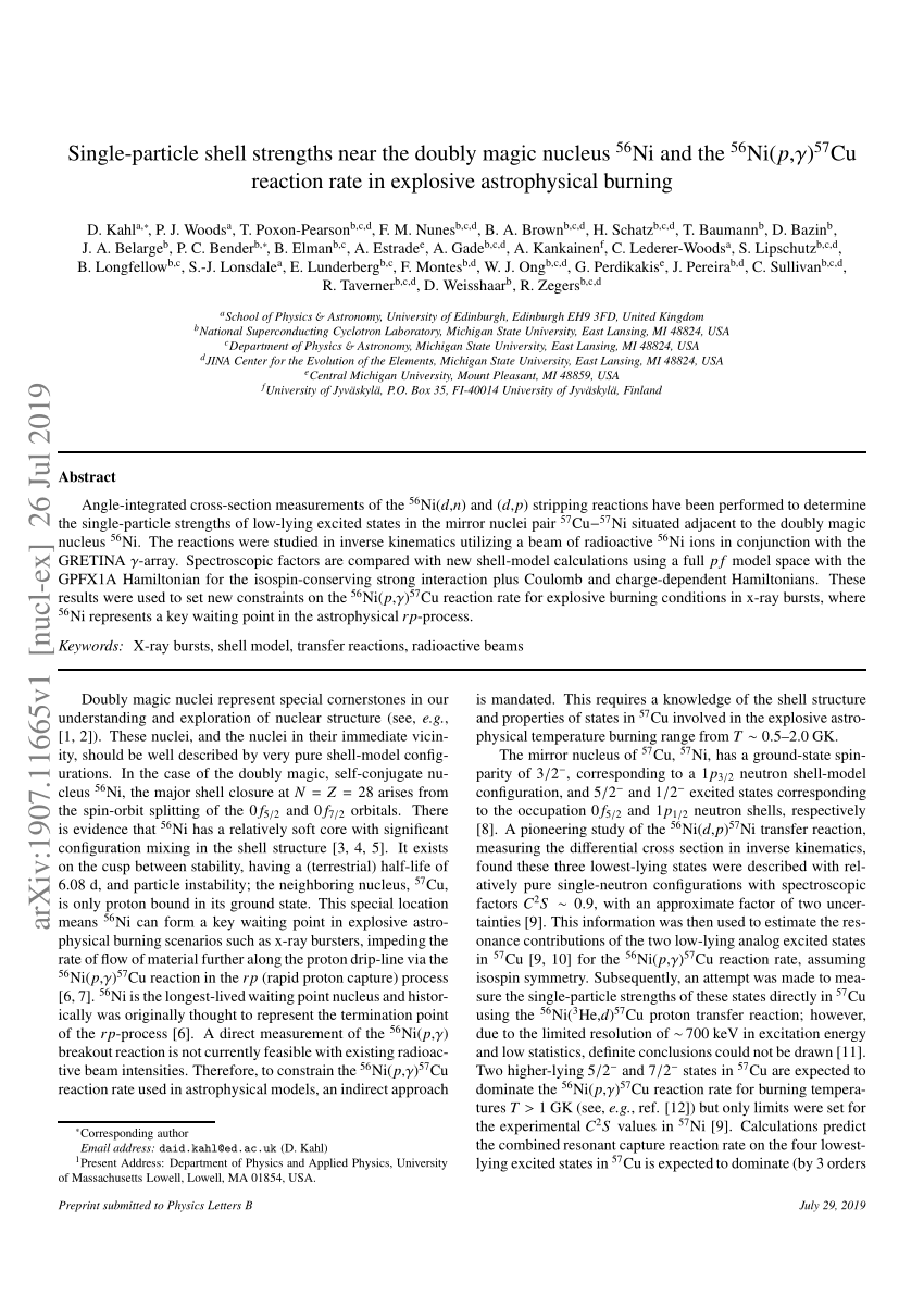 Pdf Single Particle Shell Strengths Near The Doubly Magic Nucleus 56 Ni And The 56 Ni P Gamma 57 Cu Reaction Rate In Explosive Astrophysical Burning