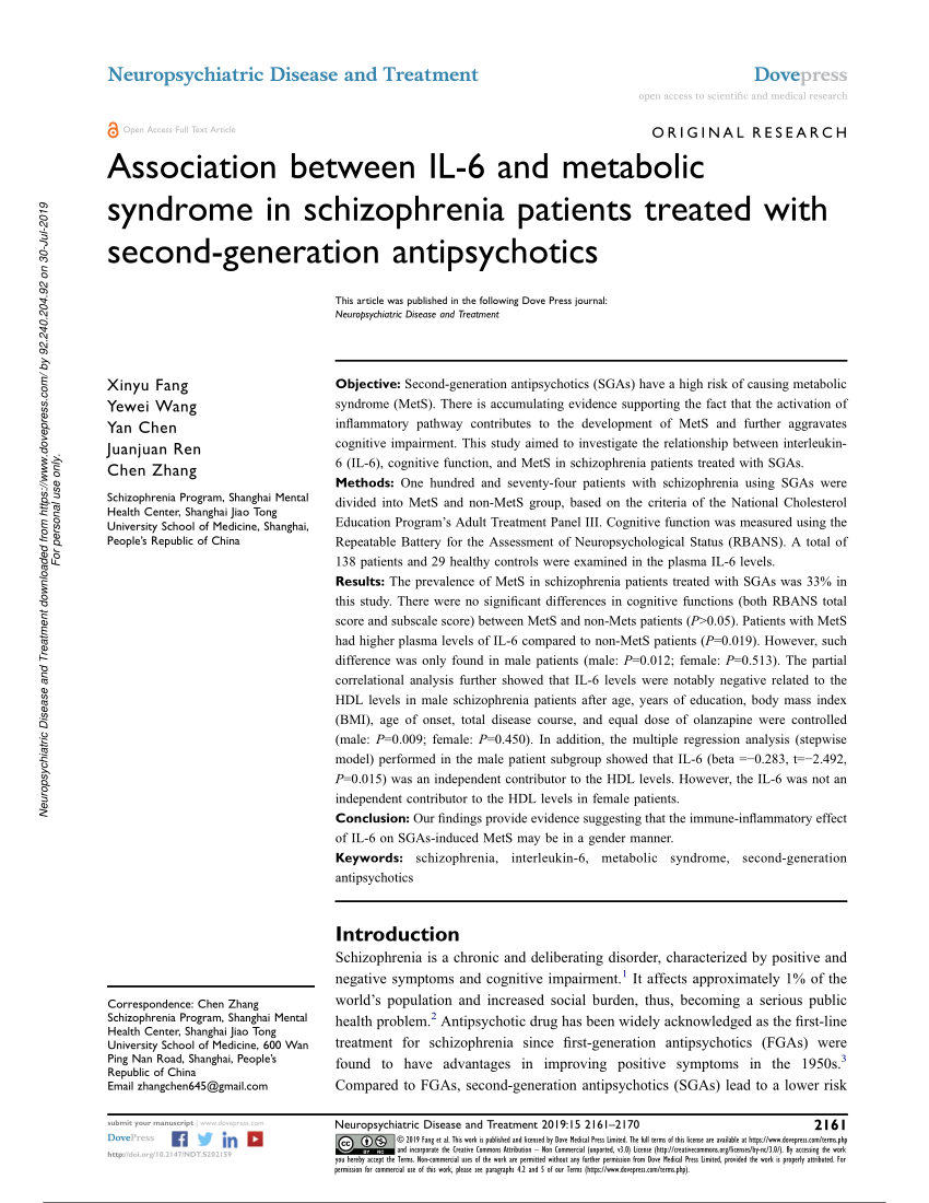 Pdf Association Between Il 6 And Metabolic Syndrome In Schizophrenia Patients Treated With