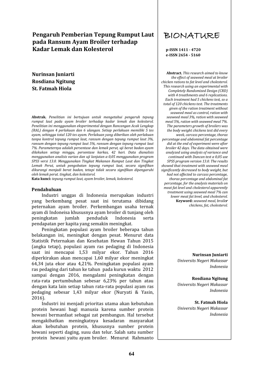 Pdf Pengaruh Pemberian Tepung Rumput Laut Pada Ransum Ayam