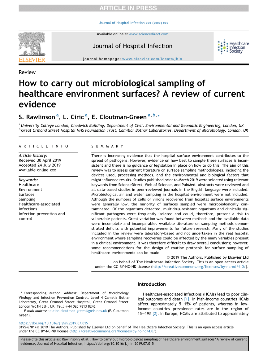 Pdf How To Carry Out Microbiological Sampling Of Healthcare Environment Surfaces A Review Of Current Evidence