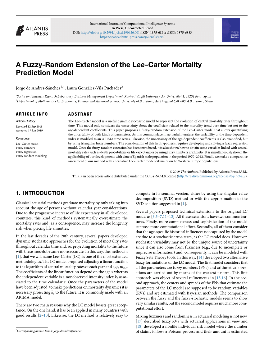 PDF) A Fuzzy-Random Extension of the Lee–Carter Mortality Prediction Model