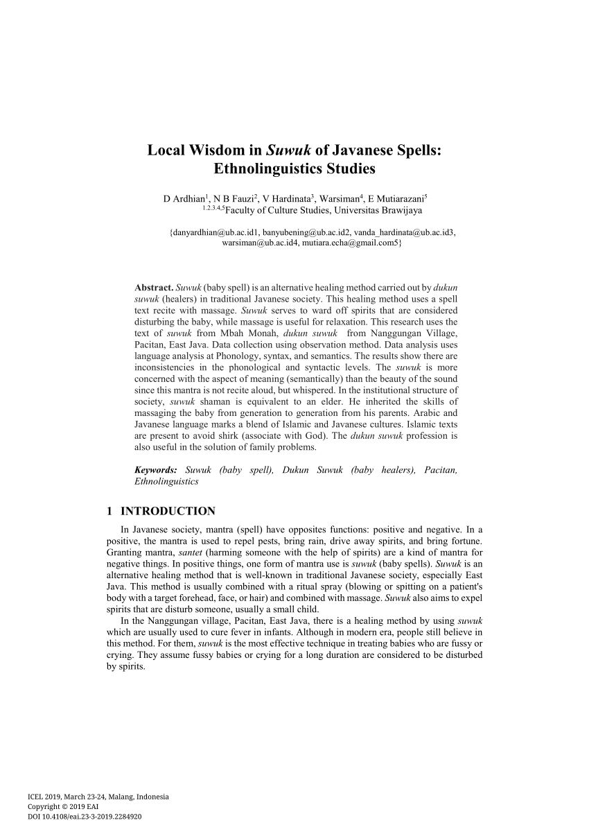 PDF) Local Wisdom in Suwuk of Javanese Spells: Ethnolinguistics 