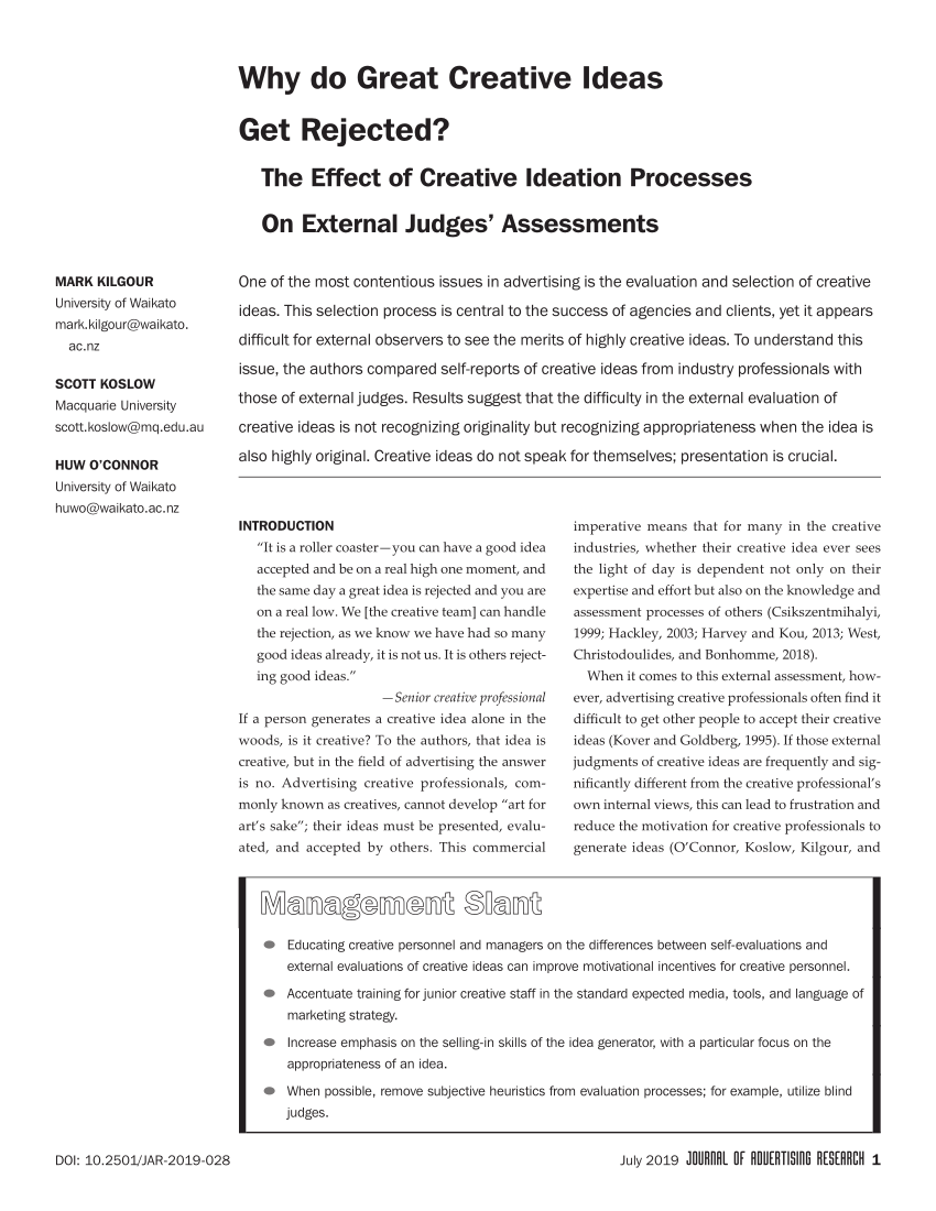 Pdf Why Do Great Creative Ideas Get Rejected The Effect Of Creative Ideation Processes On External Judges Assessments
